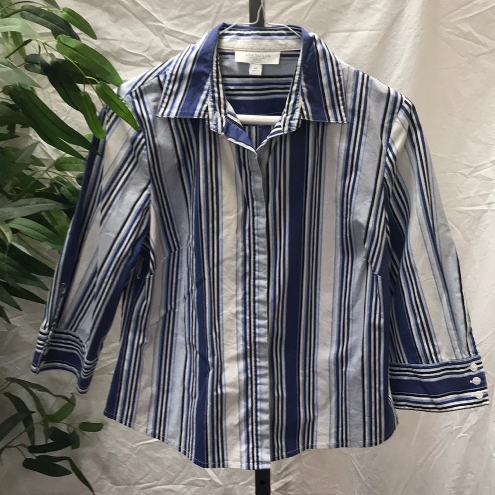 Ann Taylor Factory Blue Striped Button Down Shirt